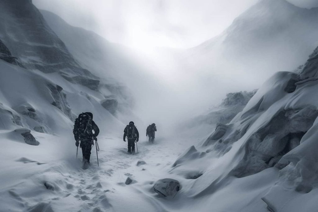 Drei Bergsteiger, der VOICE Sprecherverband, durch eine verschneite Landschaft durch einen Berg gehen.