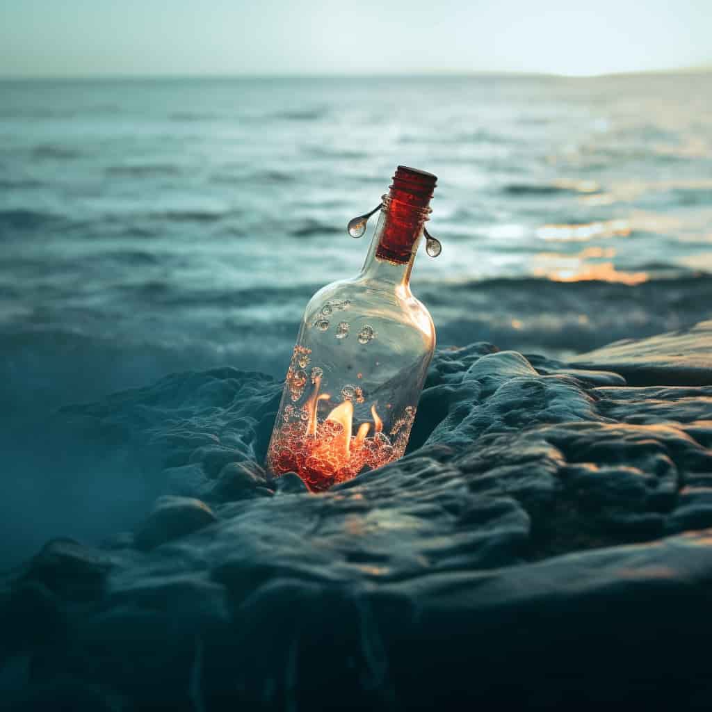 eine Flaschae auf hoher See, mit einer Flamme im inneren
